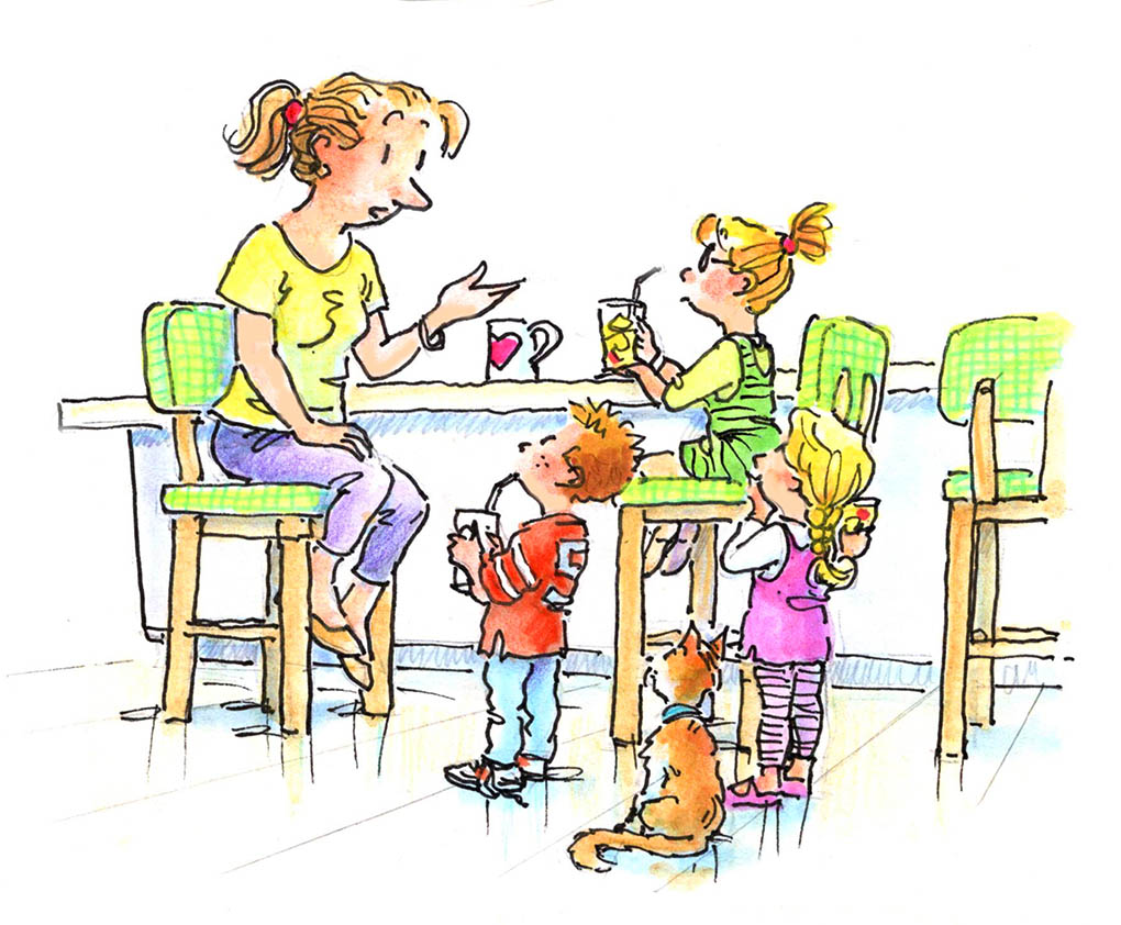 woman talking to kids at table